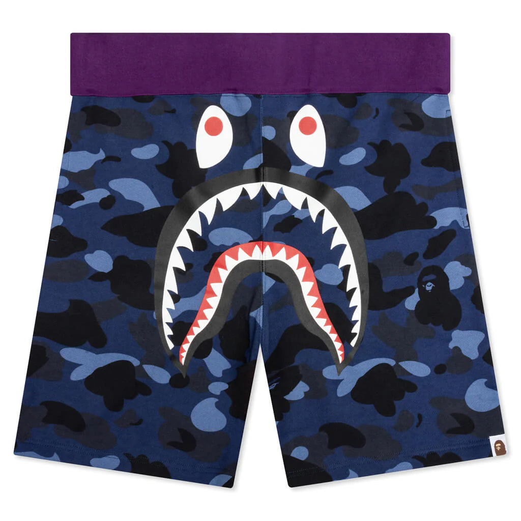 A BATHING APE CRAZY CAMO SHARK SWEAT SHORTS - NAVY