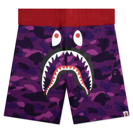 A BATHING APE CRAZY CAMO SHARK SWEAT SHORTS - PURPLE